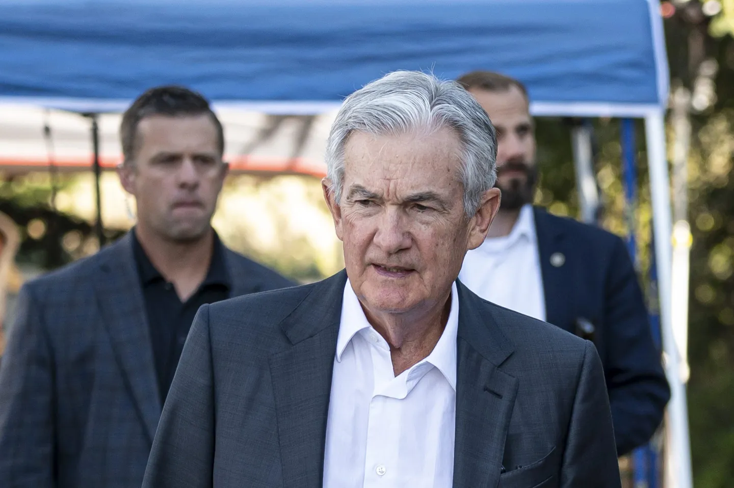 Jerome Powell, chairman of the US Federal Reserve, walks the grounds at the Jackson Hole economic symposium in Moran, Wyoming, US, on Friday, Aug. 25, 2023. Powell said the US central bank is prepared to raise interest rates further if needed and intends to keep borrowing costs high until inflation is on a convincing path toward the Fed&#039;s 2% target. Photographer: David Paul Morris/Bloomberg via Getty Images