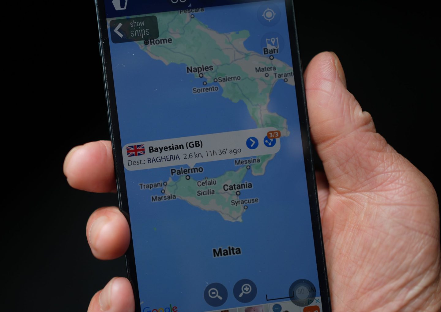 A view of the MarineTraffic app showing the last known location of the yacht Bayesian. British technology tycoon Mike Lynch is among six tourists missing after the luxury yacht sank in a tornado off the coast of Sicily.